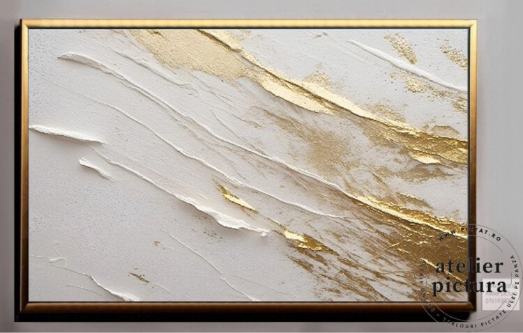 Tablou abstract alb auriu, pictat manual ulei pe panza