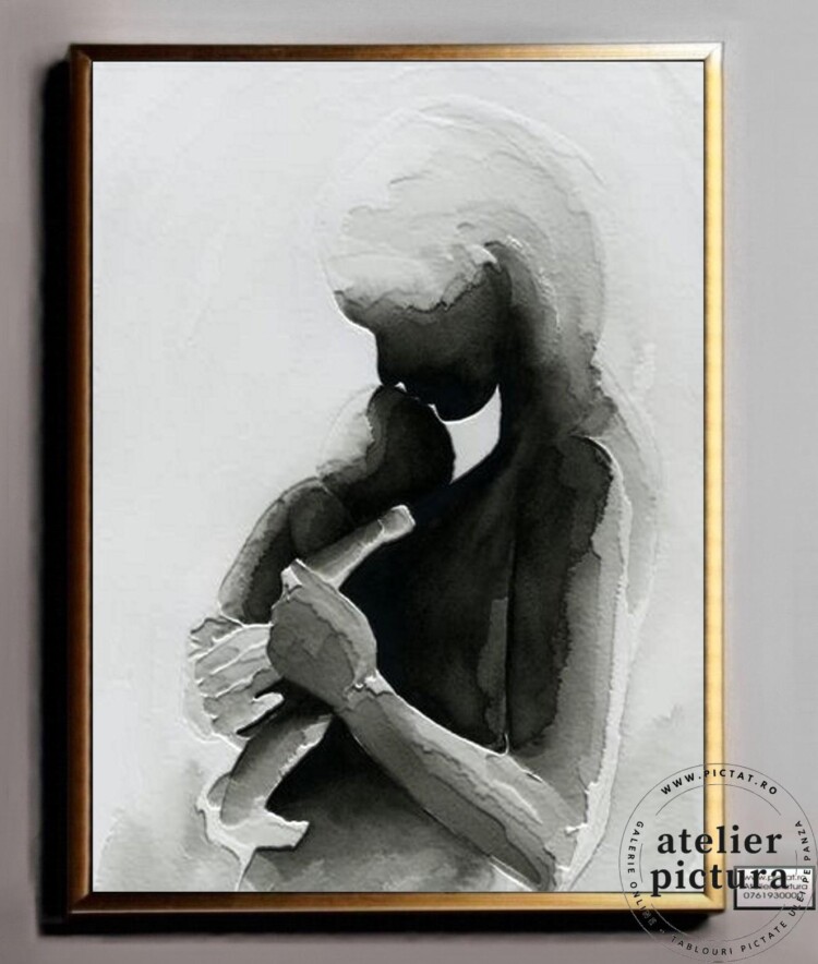 Portret mama si copilul, Tablou abstract alb negru, pictat manual ulei pe panza,