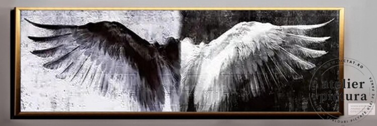 Tablou abstract alb negru, pictura aripi inger