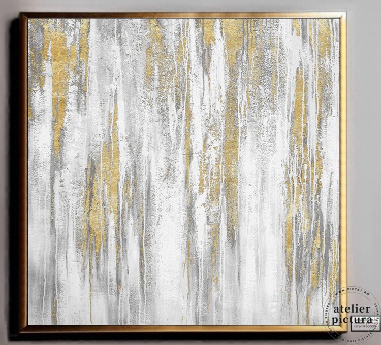 Tablou abstract auriu alb gri, pictat manual ulei pe panza