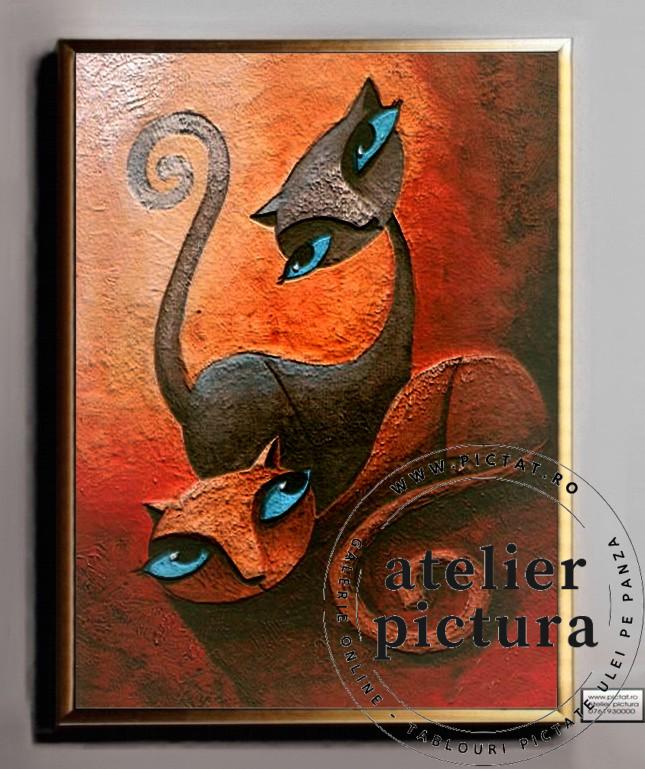 Tablou abstract modern pictat manual, Portret pisici