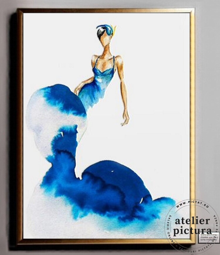 Silueta femeie in rochie albastra, crochiu, Tablou abstract modern pictat manual