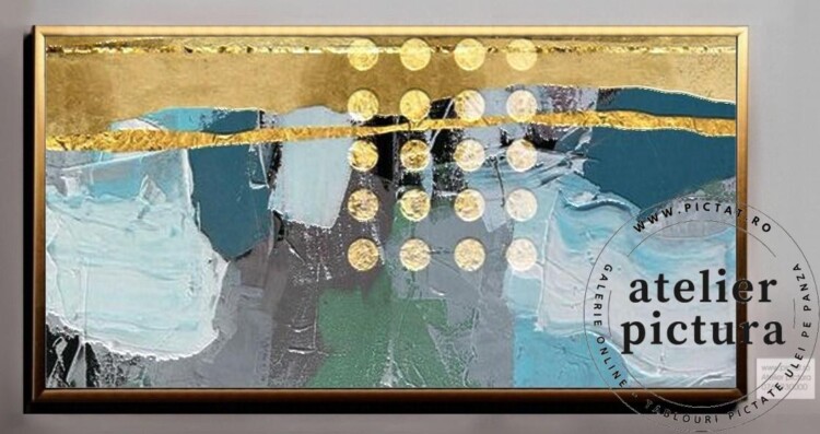 Tablou abstract pictat manual ulei pe panza, Pictura abstracta living, Tablou texturat cu foita de aur