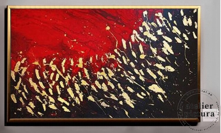 Tablou abstract pictat manual ulei pe panza, Pictura abstracta rosu negru auriu, Tablou living