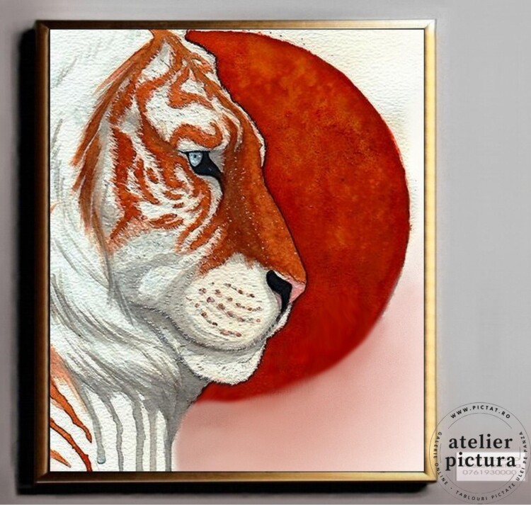 Tablou abstract pictat manual ulei pe panza, Pictura animal salbatic, Tablou cu tigru