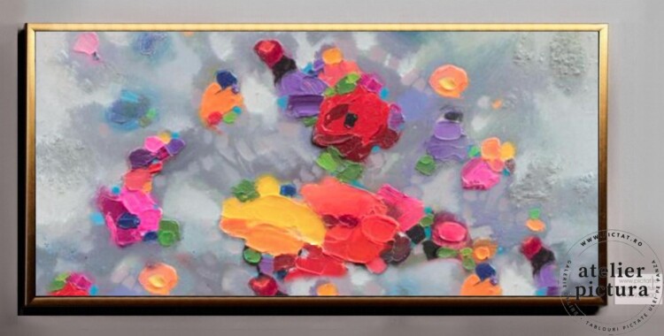 Tablou abstract pictat manual ulei pe panza, Pictura cu flori de gradina, Tablou floral flori de camp