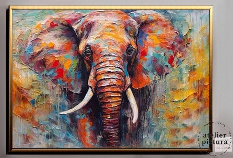 Tablou abstract pictat manual ulei pe panza, Pictura in cutit, Tablou cu elefant