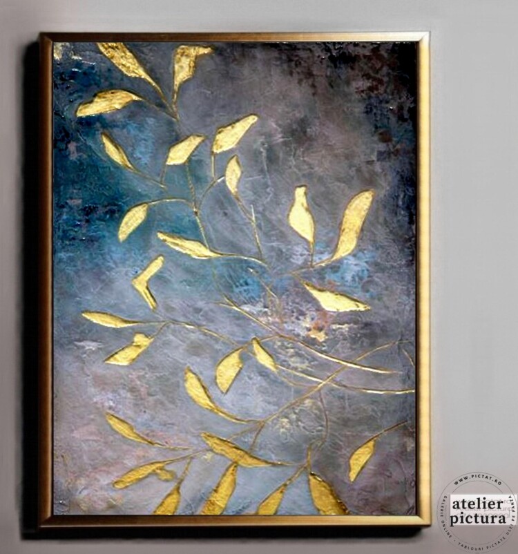 Tablou abstract pictat manual ulei pe panza, Ramura cu frunze aurii, Foita de aur