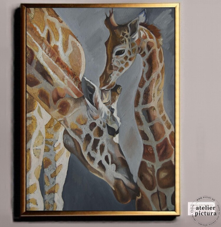 Tablou abstract pictat manual ulei pe panza, Tablou girafe, Pictura hol, Tablou cu animale salbatice