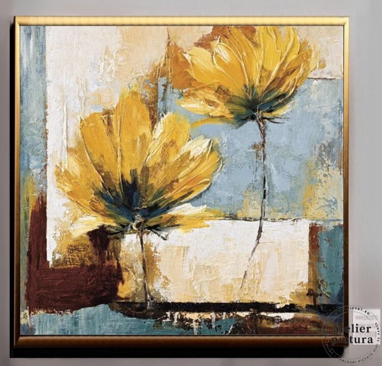Tablou abstract pictat manual ulei pe panza, pictura in cutit cu flori galbene, Pictura florala