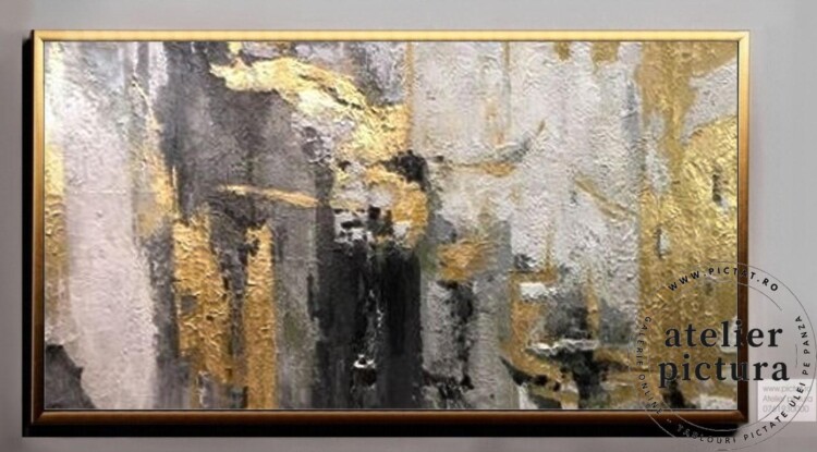 Tablou abstract pictat manual ulei pe panza, pictura in cutit cu foita de aur, Tablou texturat in cutit
