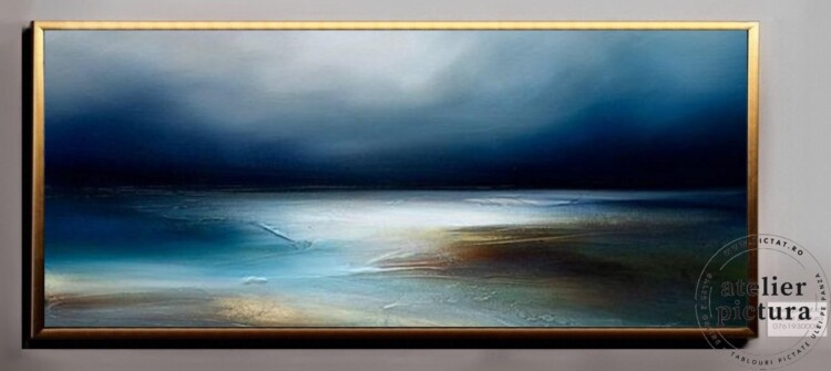Tablou abstract pictat manual ulei pe panza, pictura peisaj abstract costal, furtuna pe mare