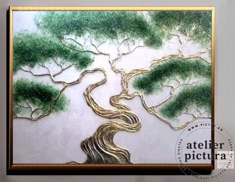 Tablou abstract pictat manual ulei pe panza, pictura reliefata, Bonsai, Tablou copac