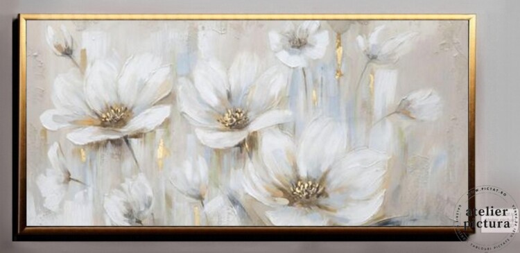Tablou abstract pictat manual ulei pe panza, pictura reliefata texturata, tablou cu flori albe de camp