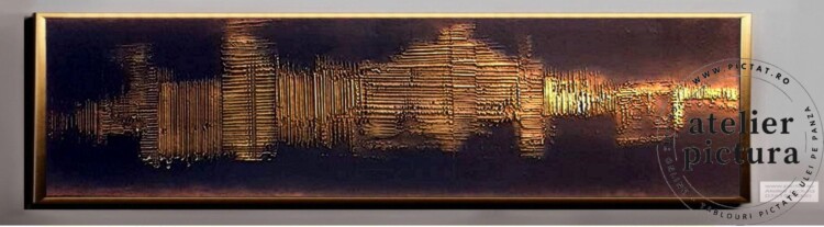 Tablou abstract pictat manual ulei pe panza, tablou living, Foita de aur, pictura in cutit