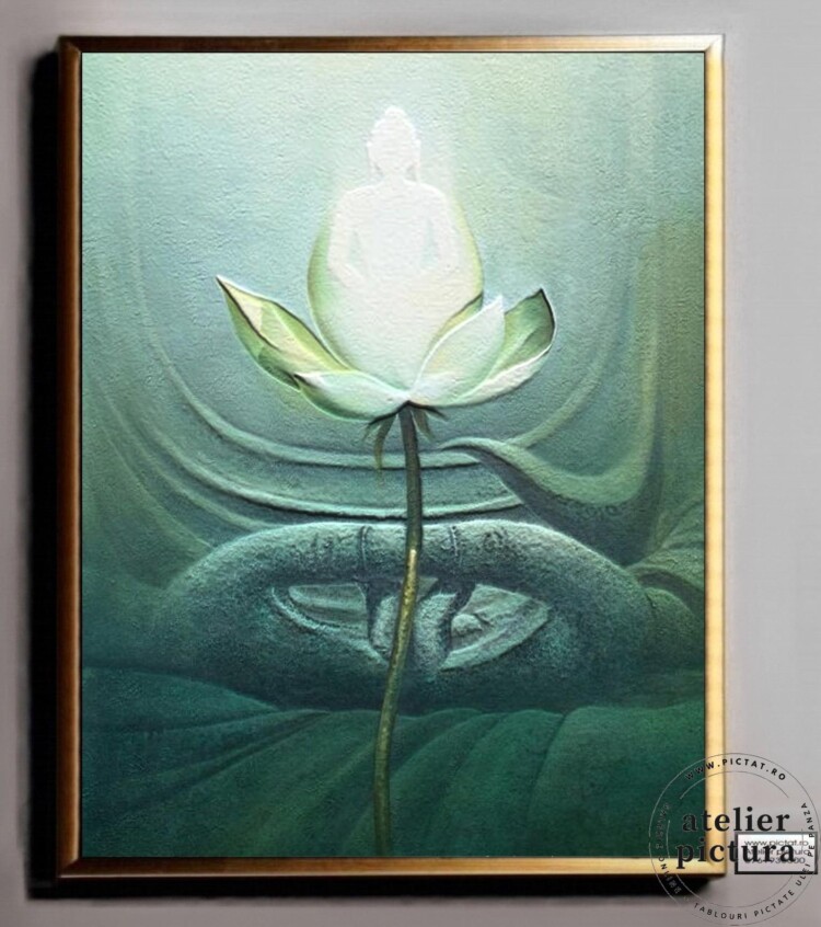 Floare de lotus, Tablou abstract verde pictat manual