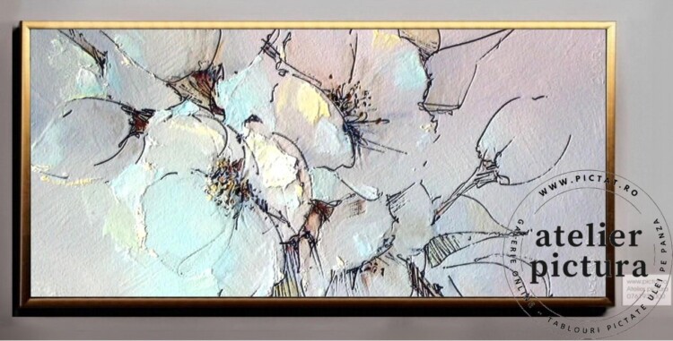Tablou cu flori, Tablou abstract pictat manual ulei pe panza, pictura texturata, Textura impasto