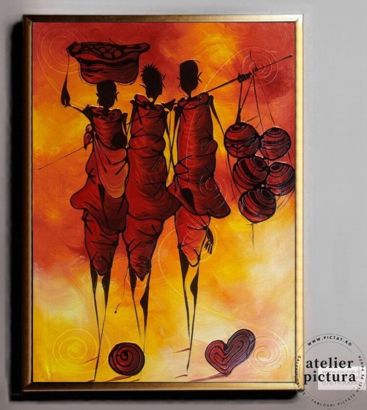 Tablou pictat manual in ulei pe panza, pictura in cutit, Femei din africa, Zi torida, Pictura abstract moderna