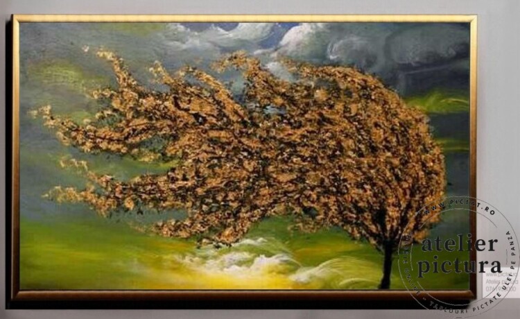 Tablou pictat manual in ulei pe panza, pictura in cutit, Peisaj cu copac in furtuna, Pictura peisaj living