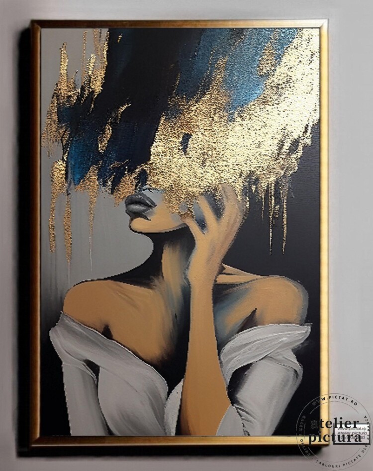 Tablou pictat manual ulei pe panza, Pictura abstracta femeie cu foita de aur, Tablou salon