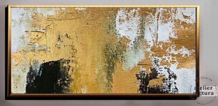 Tablou pictat manual ulei pe panza , Tablou abstract cu foita de aur, Pictura abstracta moderna