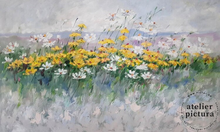 Tablou pictat manual ulei pe panza, tehnica texturata in cutit, Peisaj cu Flori de camp, flori albe, flori galbene