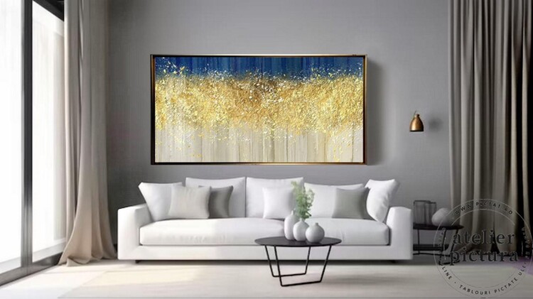 Tablou abstract living dimensiune mare albastru auriu, pictura in ulei, inramat/rama la cerere, pictat manual in cutit, minimalist
