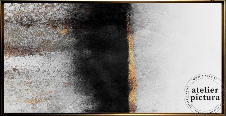 Tablou abstract living dimensiune mare alb negru auriu, pictura in ulei, inramat/rama la cerere, pictat manual in cutit