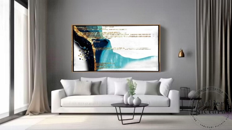Tablou abstract living dormitor birou turcoaz albastru marin auriu, pictura in ulei, inramat/rama la cerere, pictat manual in cutit