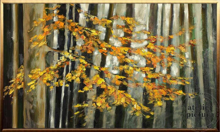 Tablou pictat manual ulei pe panza, tehnica texturata in cutit, Peisaj padure, Ramuri de copac cu frunze aurii