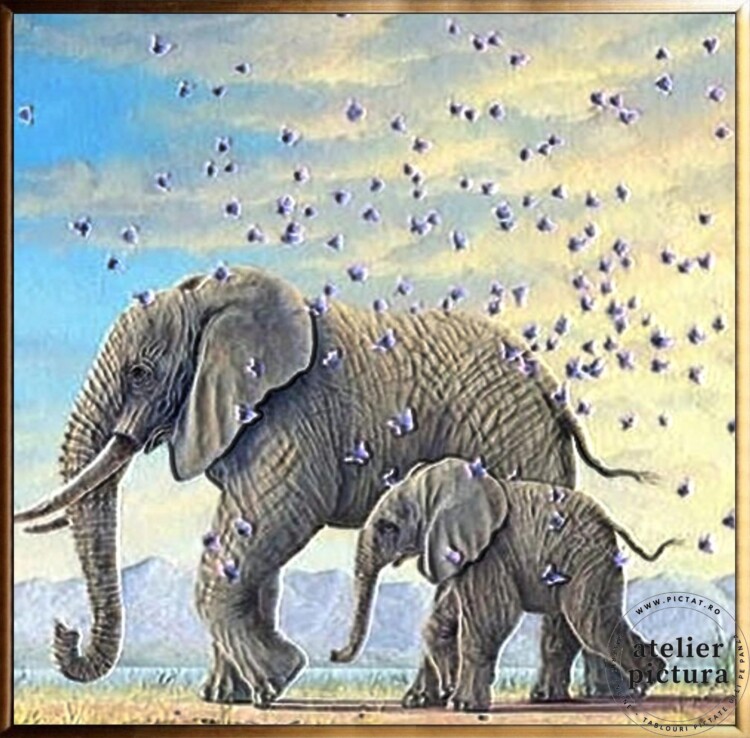 Tablou pictat manual ulei pe panza, tehnica texturata in cutit, Peisaj cu elefanti