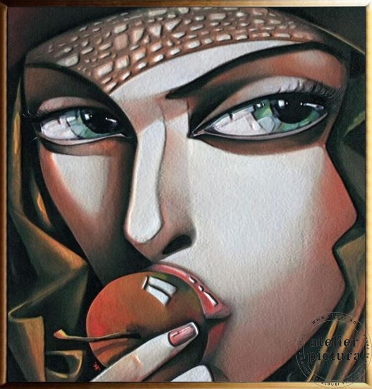 Tablou pictat manual ulei pe panza, tehnica texturata in cutit, Portret femeia cu cireasa, Tablou abstract