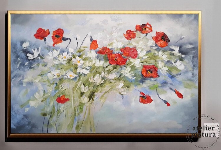 Tablou pictat manual ulei pe panza, tehnica texturata in cutit, Peisaj cu Buchet de Flori albe si rosii de camp