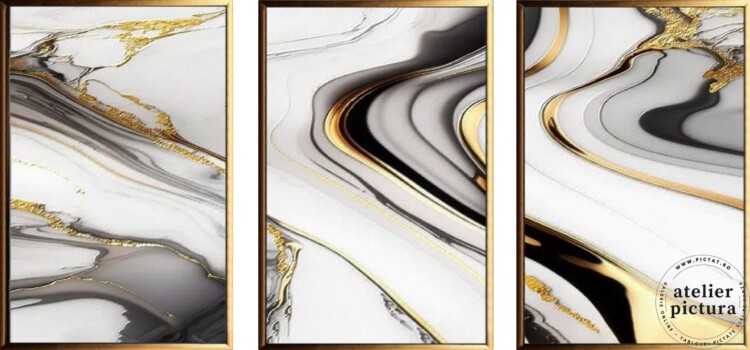Tablouri set pictate manual in ulei pe panza, pictura in cutit, abstract, 150x70cm, marmura cu fiolon de aur, negru alb auriu