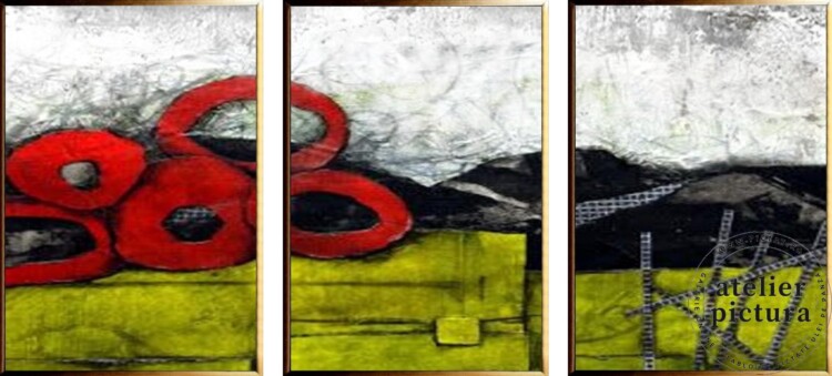 Tablouri abstracte set verde oliv, rosu cardinal pictate manual in ulei pe panza, pictura in cutit, peisaj abstract, 150x70cm