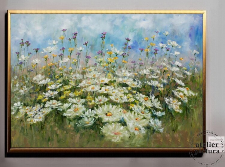 Tablou abstract pictat manual ulei pe panza, tehnica texturata in cutit, Peisaj cu flori de musetel, Flori de camp