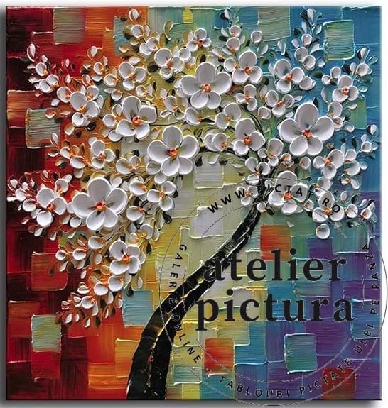 Tablou abstract multicolor ramura cu flori, pictat manual in ulei pe panza inramat la comanda, culorile pot fi personalizate, pictura in cutit