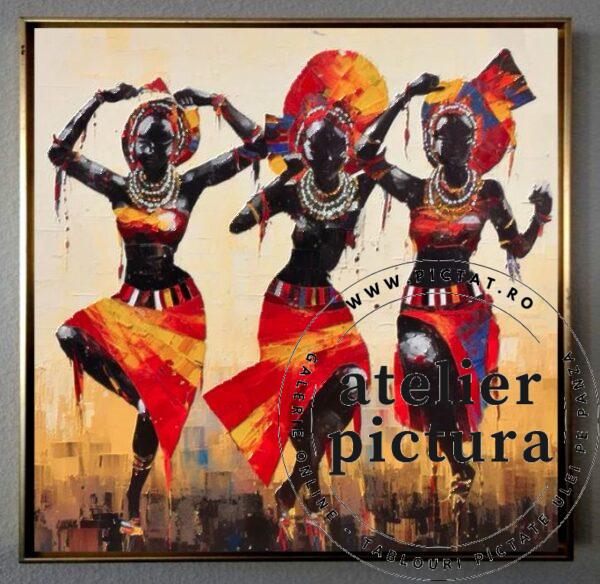 Africa Dance, Tablou abstract pictat manual, tablou abstract galben rosu auriu pictat in cutit