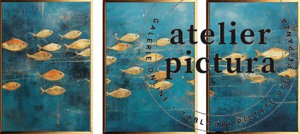 Fauna marina Tablouri set pictate manual in ulei pe panza, pictura in cutit, pestisori aurii, abstract, 150x70cm