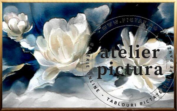 Magnolii Tablou pictat manual ulei pe panza, pictura texturata flori albe, tablou floral