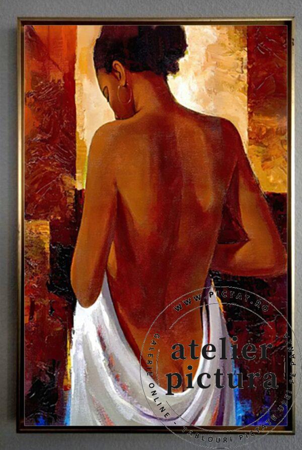 Obsesie, Nud femeie, Tablou pictate manual ulei pe panza, textura in cutit, placat cu foita de aur