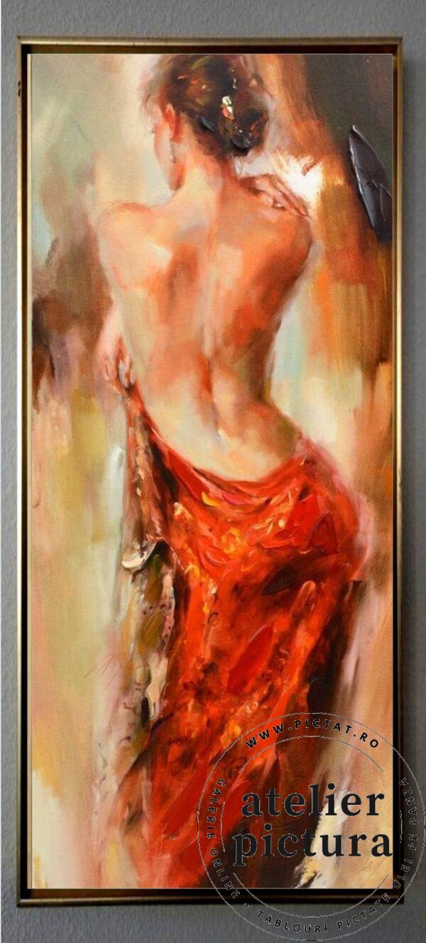 Tablou abstract pictat manual, Silueta de femeie nud cu rochie rosie