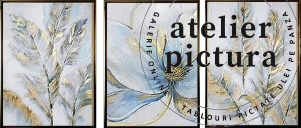 Set Tablouri abstracte pictate manual in ulei pe panza, pictura in cutit Botanica, flori abstracte auriu blue